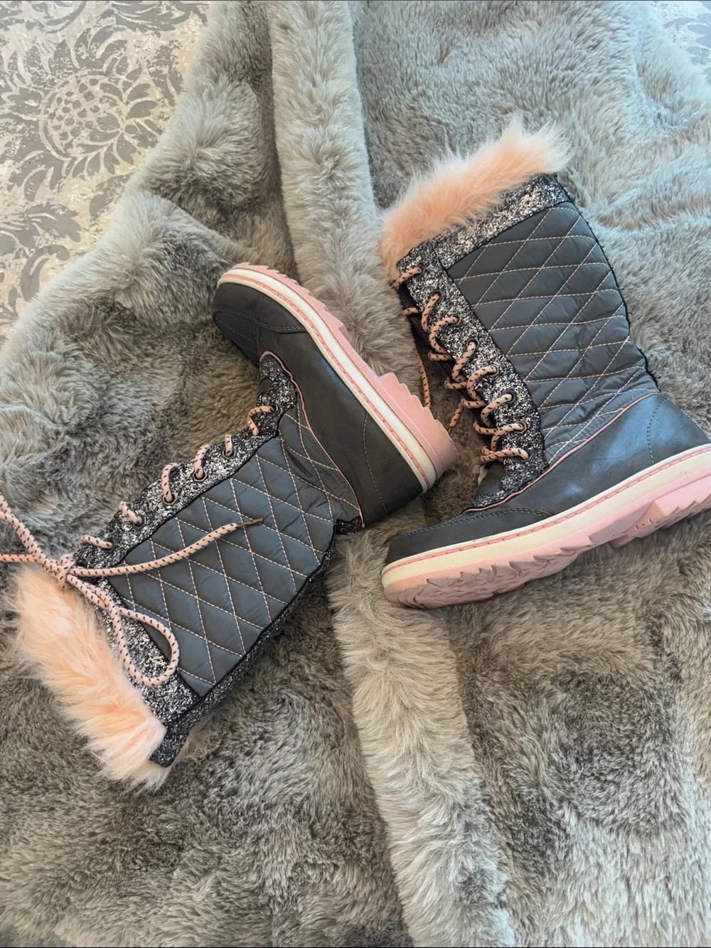 Justice Girls Quilted Gray Winter Boots with Pink Trim and Sparkles